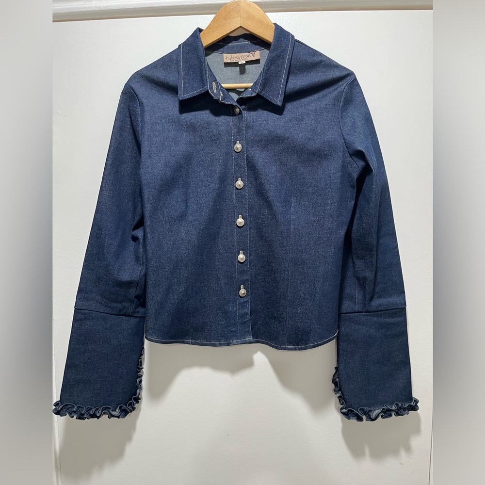 Talusa Rose Denim Ruffled Long Sleeve Western Cowgirl Button Up Shirt Small Rare